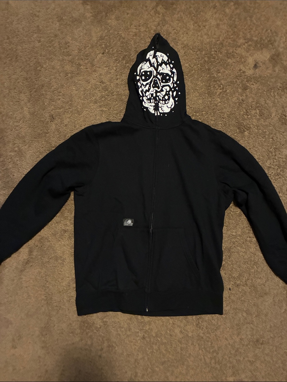 Black Full-Zip Hoodie with White Skull Hood Graphic